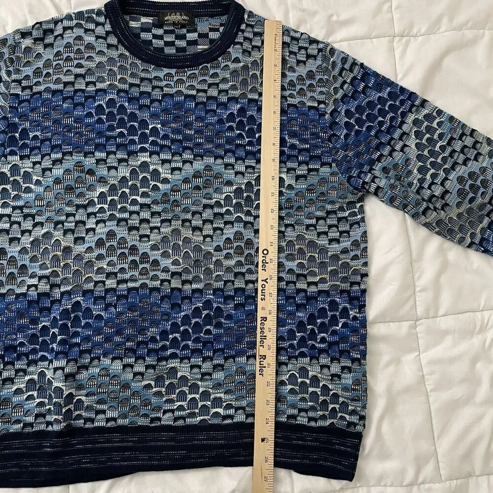 Montechiaro Sweater Mens XL Blue Geometric Print Pullover Crewneck Italy Vintage